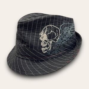Y2K Pinstripe Fedora Skull Embroidered Size M/L Mcbling Cybergrunge Bimbocore